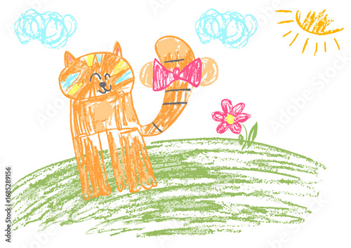 Children's drawing with wax crayons, pastels