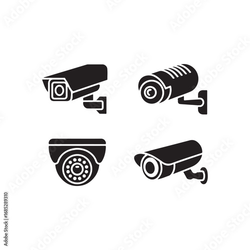 Set of four modern surveillance security cameras in black silhouette for monitoring and protection systems vector