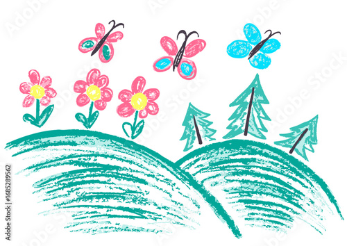 Children's drawing with wax crayons, pastels