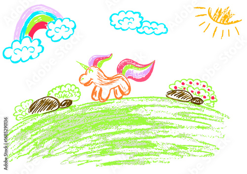 Children's drawing with wax crayons, pastels