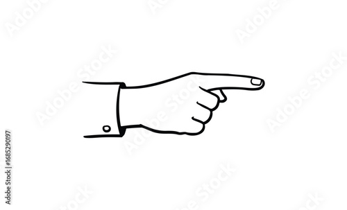 Black and white line drawing of hand pointing right with index finger. Vector retro hand drawn illustration