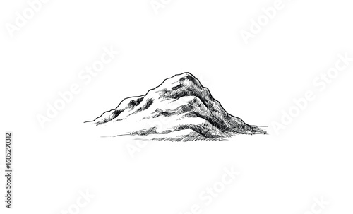 Hand-drawn mountain sketch: detailed black and white line art of a rugged peak. Vector retro hand drawn illustration