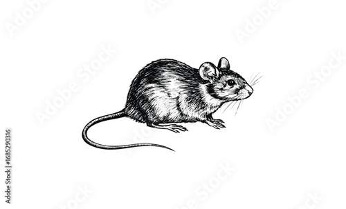 Intricate black and white drawing of a mouse with detailed shading. Vector retro hand drawn illustration