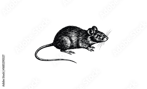 Detailed black and white sketch of a mouse in profile view. Vector retro hand drawn illustration