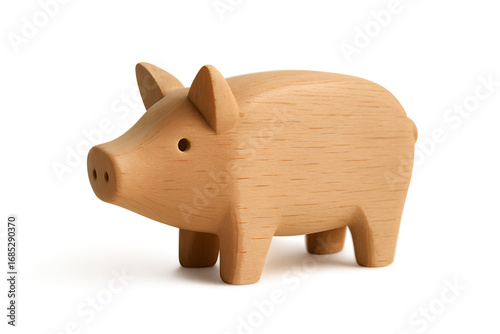 Minimalist wooden piggy bank shaped like a pig, smooth handcrafted style, isolated on clean transparent background. Concept of saving, finance, childhood, simplicity
