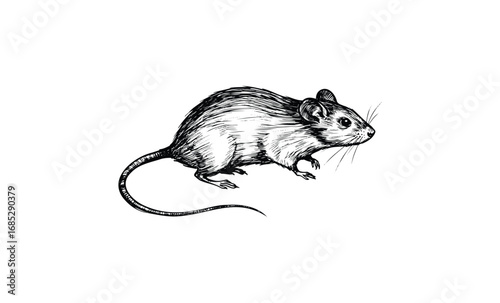 Detailed black and white illustration of a mouse in profile view. Vector retro hand drawn illustration