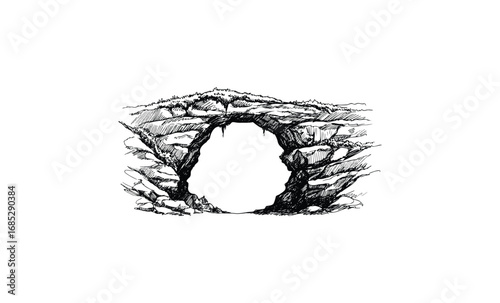 Black and white cave entrance drawing with rocky details. Vector retro hand drawn illustration