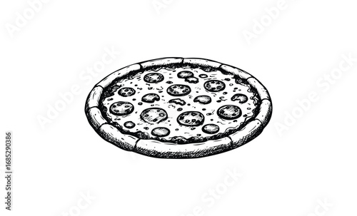 Hand-drawn pepperoni pizza illustration with cheese and crust details. Vector retro hand drawn illustration