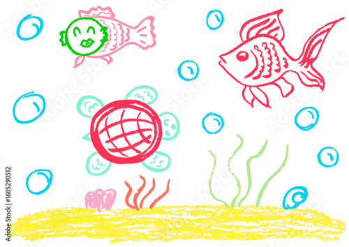 Children's drawing with wax crayons, pastels