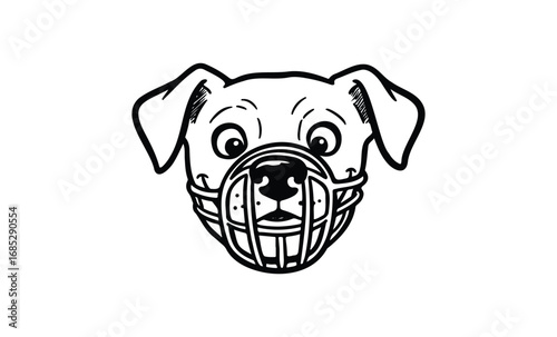Black and white illustration of dog with muzzle cute canine drawing. Vector retro hand drawn illustration