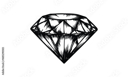 Black and white diamond drawing highlighting facets and symmetry. Vector retro hand drawn illustration