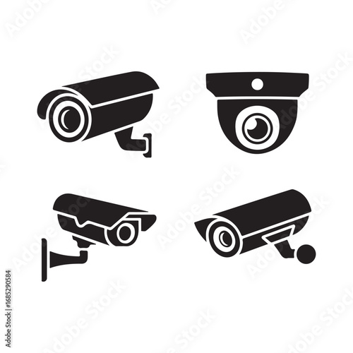 Four diverse security camera silhouettes for surveillance and monitoring systems vector