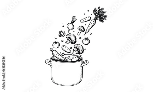 Hand-drawn vegetables falling into cooking pot: carrots, broccoli, tomatoes, onions in black and white. Vector retro hand drawn illustration