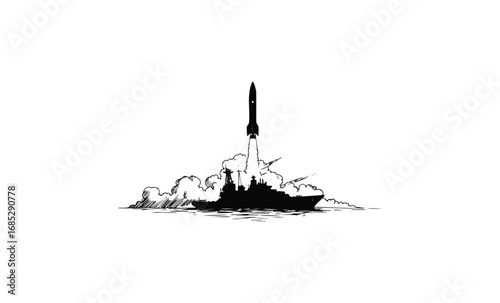 Monochrome rocket launch from naval ship at sea with dramatic clouds. Vector retro hand drawn illustration