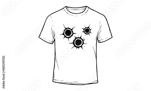 White t-shirt with bullet hole graphic design in minimalist style. Vector retro hand drawn illustration