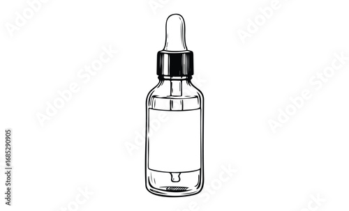 Glass dropper bottle with blank label for cosmetic product packaging design. Vector retro hand drawn illustration