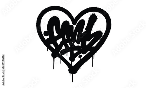 Black graffiti heart with dripping paint. Vector retro hand drawn illustration