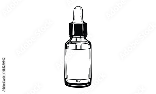 Empty glass dropper bottle illustration with black cap. Vector retro hand drawn illustration