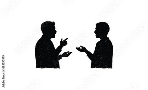 Silhouette of two young adult males in conversation. Vector retro hand drawn illustration