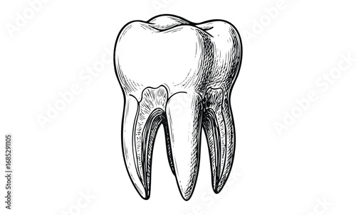 Detailed black and white tooth illustration with visible roots. Vector retro hand drawn illustration