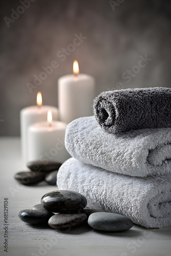 Health and wellness. A photograph of candles, towels, and hot stones for a SPA. 