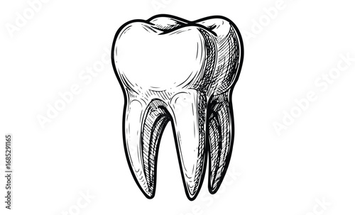 Detailed black and white sketch of a molar tooth with realistic texture. Vector retro hand drawn illustration