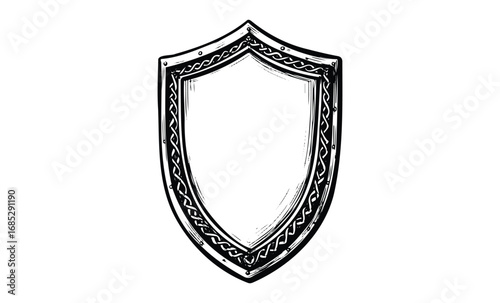 Hand-drawn medieval shield with intricate border design in black and white. Vector retro hand drawn illustration