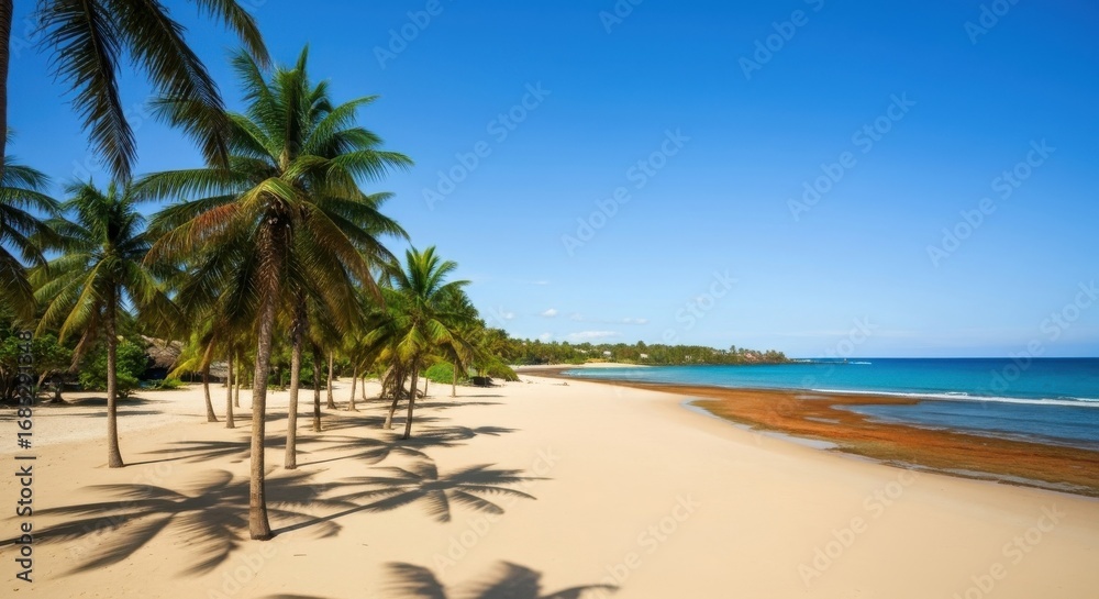 Fototapeta premium Tropical paradise beach with palm trees and turquoise ocean under clear blue sky
