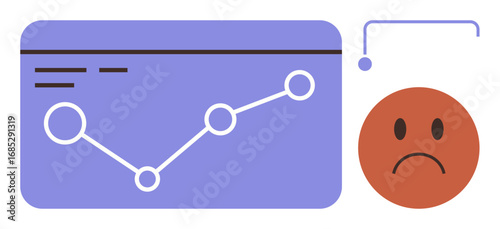 Graph with downward trend line next to a sad face icon, representing decline, poor performance, or setbacks. Ideal for business, analysis, disappointment, loss, financial issues progress simple