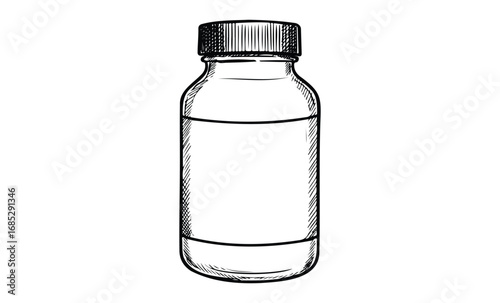 Hand-drawn sketch of empty glass bottle with screw cap. Vector retro hand drawn illustration