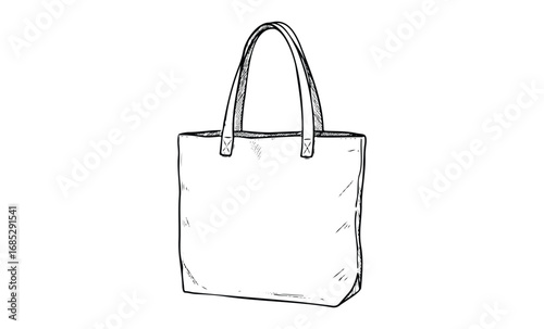 Hand-drawn tote bag illustration with detailed stitching. Vector retro hand drawn illustration