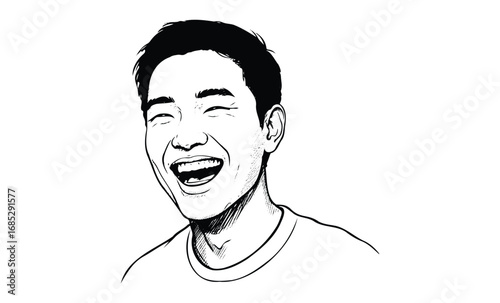 Laughing asian young adult male sketch. Vector retro hand drawn illustration