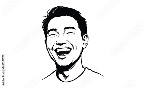 Laughing asian male adult black and white sketch. Vector retro hand drawn illustration