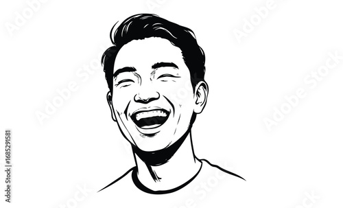 Smiling asian male young adult black and white sketch art. Vector retro hand drawn illustration