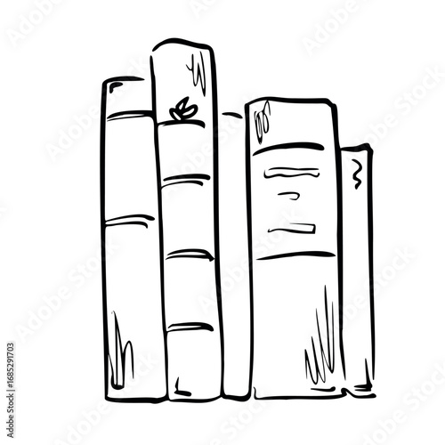 Tall stack of antique books standing upright. Vector illustration in quickly sketch line art style. Book lover. Perfect for romantic literature projects, stationery, posters, prints, invitations