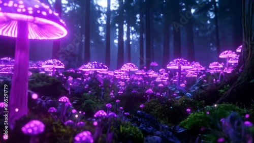 Enchanted Forest: Glowing Purple Mushrooms in Dreamy Landscape