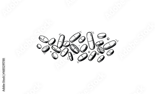 Hand-drawn assortment of capsules and tablets. Vector retro hand drawn illustration