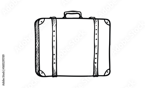 Hand-drawn vintage suitcase illustration with handles and straps. Vector retro hand drawn illustration