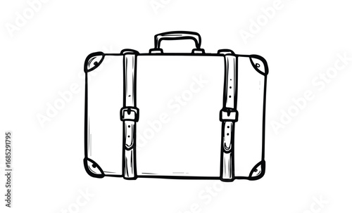 Simple line drawing of a vintage suitcase with straps and handle. Vector retro hand drawn illustration