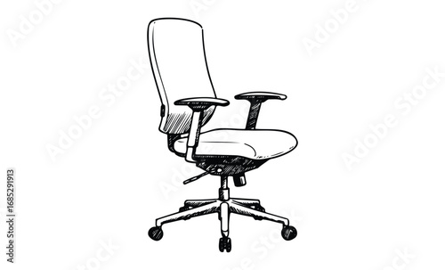 Black and white sketch of ergonomic office chair with adjustable armrests and wheels. Vector retro hand drawn illustration