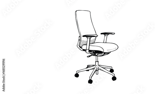 Modern ergonomic office chair with adjustable armrests and swivel base sketch. Vector retro hand drawn illustration