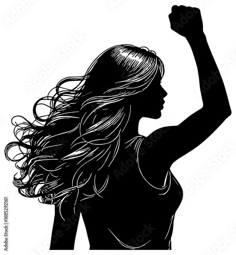 Silhouette of a woman with long flowing hair holding up her fist to show strength and confidence 