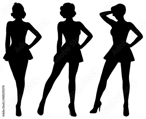 Silhouette set of three 1950s style pin up girls in different poses 