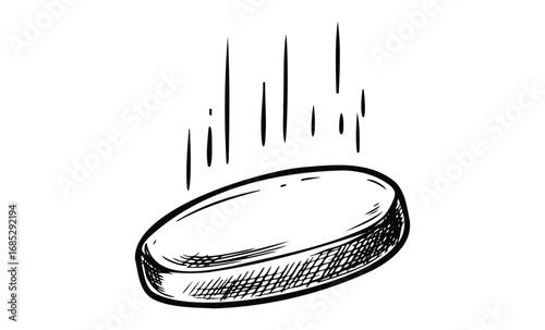 Sketch of a falling hockey puck with motion lines. Vector retro hand drawn illustration