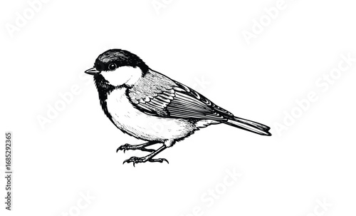Detailed black and white illustration of bird perching. Vector retro hand drawn illustration