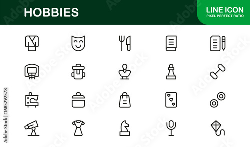 Hobbies Line Icon Set – Professional Minimal Outline Symbols for Leisure Activities, Modern Vector Icons Collection