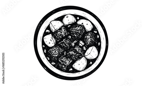 Hand-drawn illustration of beef stew with potatoes and carrots in bowl. Vector retro hand drawn illustration