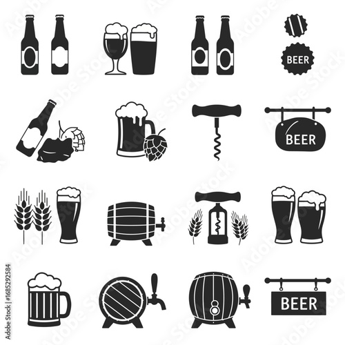 Beer Icons Set Black White Vector Collection