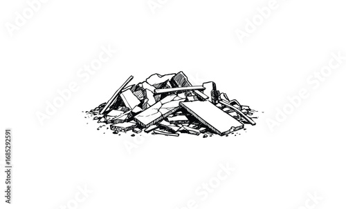 Pile of broken concrete chunks and debris on ground. Vector retro hand drawn illustration