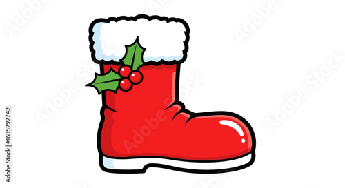 Festive Red Santa Boot with Holly and Berries Decoration.